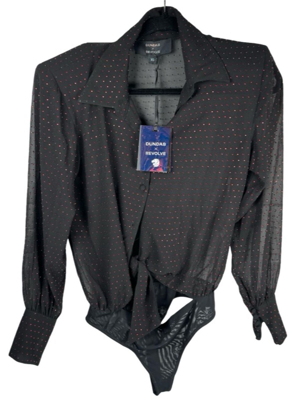 Dundas Revolve Delirium Black Red Crystal Embellished Tie Waist Bodysuit XS New